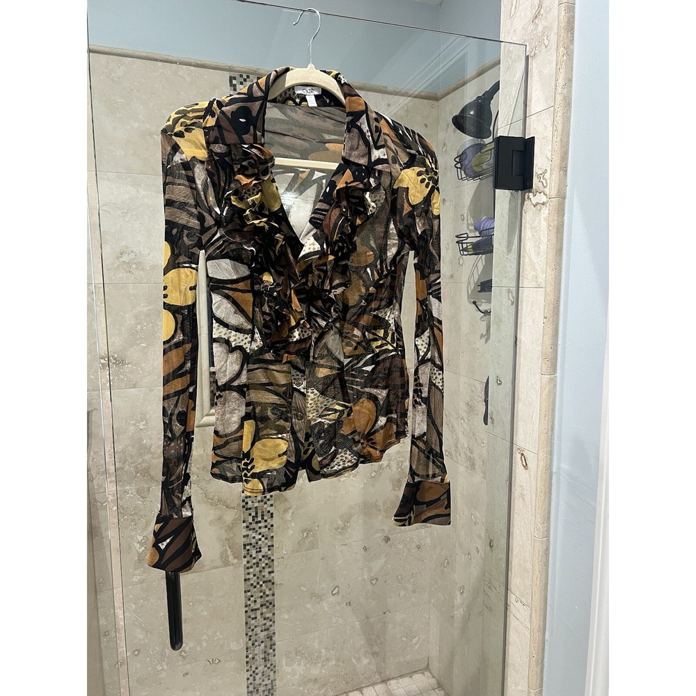 Cache Brown Fall Print Ruffle Mesh V-Neck Snap Front Blouse Sheer Y2K Top M